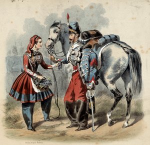 Armia francuska i jej kantyniery: Hussard i cantiniere de trupe de line. Grawerowanie Fryderyka Sorrieu (1807 -? )