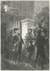 Generał Daumesnil konfrontuje się z paryskim motłochem przed Chateau de Vincennes podczas rewolucji francuskiej 1830 (rycina)