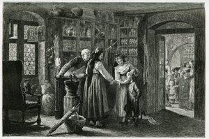 W aptece we wsi Kaysersberg (lub Kaisersberg w Alzacji) konsultacja w nagłych wypadkach. Grawer autorstwa F.Lixa, ilustrujący opowieść „Przez Alzację i Lotaryngię””, w 1884 r. autorstwa Charlesa Grada (1842-1890), niemieckiego posła, pisarza i przyrodnika. autorstwa Frederic Theodore Lix