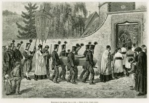 Pogrzeb nieletniego. Grawerowanie autorstwa Lixa, ilustrujące opowiadanie „Przez Alzację i Lotaryngię”, w 1887 r., autorstwa Charlesa Grada, niemieckiego zastępcy, w tour du monde 1888, w reżyserii Edouarda Chartona (1807-1890), Hachette, Paryż. autorstwa Frederic Theodore Lix
