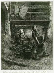 Praca dzieci przy brykietowaniu, Barr. Grawerowanie autorstwa Lixa, ilustrujące opowiadanie „Przez Alzację i Lotaryngię”, w 1887 r., autorstwa Charlesa Grada, niemieckiego zastępcy, w tour du monde 1888, w reżyserii Edouarda Chartona (1807-1890), Hachette, autorstwa Frederic Theodore Lix