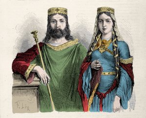 Clovis (481-511) król franków ze swoją drugą żoną królową Saint Clotilde (Clothilde). Grawerowanie przez Lix.