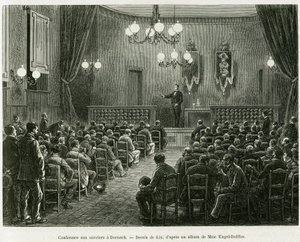 Konferencja dla pracowników warsztatów Dollfus Mieg w Dornach. Grawerowanie autorstwa Lixa ilustrujące opowiadanie A Through Alsace and Lorraine, Charlesa Grada, niemieckiego zastępcy, w 1885, w tour du monde 1886, reżyseria Edouard Charton (1807-1890), Ha autorstwa Frederic Theodore Lix