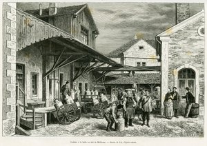 Mleczarnia w Milk Hall w Miluzie. Grawerowanie autorstwa Lixa ilustrujące historię A travers l