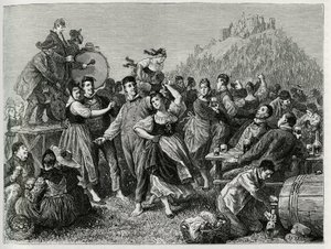 Fete des patres w Hohneck (Wogezy), niedziela po św. Janie. Grawer autorstwa F.Lixa, ilustrujący opowieść „Przez Alzację i Lotaryngię””, w 1884 r. autorstwa Charlesa Grada (1842-1890), niemieckiego posła, pisarza i przyrodnika. Opublikowano w Le Tour du mo autorstwa Frederic Theodore Lix
