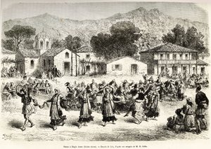 Taniec ludowy na wiejskim placu Haggia Anna (św. Anny). Grawer na podstawie rysunku Lixa, ilustrujący podróż w Grecji, Henri Belle, w latach 1861-1868-1874, opublikowany w „Le tour du monde”” 1876, red. Edouard Charton, wyd. Hachette, Paryż autorstwa Frederic Theodore Lix