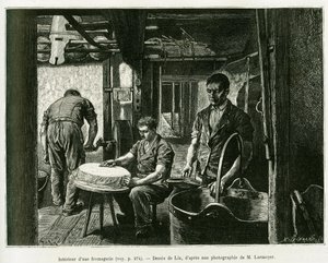 Wewnątrz fabryki sera. Grawerowanie autorstwa Lixa, ilustrujące opowiadanie A Through Alsace and Lorraine, autorstwa Charlesa Grada, niemieckiego zastępcy, w 1885 roku, w tour du monde 1887, pod kierunkiem Edouarda Chartona (1807-1890), Hachette, Paryż.