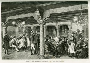 Wnętrze tawerny Tiefenkeller w Strasburgu. Grawerowanie autorstwa Lixa, ilustrujące opowiadanie „Przez Alzację i Lotaryngię”, w 1887 r., autorstwa Charlesa Grada, niemieckiego zastępcy, w tour du monde 1888, w reżyserii Edouarda Chartona (1807-1890), Hache autorstwa Frederic Theodore Lix