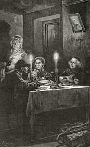 Jean Valjean zostaje przyjęty i otoczony opieką przez biskupa Myriel, XIX w. (rycina bw)