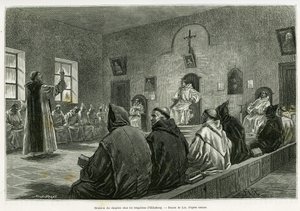 Spotkanie kapituły wśród trapistów z Oelenbergu. Grawerowanie autorstwa Lixa ilustrujące historię A travers l