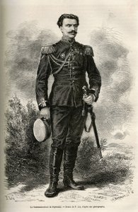 Portret podróżnika i narratora podpułkownika Prjewalskiego, rysunek F.Lixa ilustrujący podróż do Mongolii i ziemi Tangutów w latach 1870-1873, autorstwa podpułkownika Prjewalskiego. Grawerowanie w Le tour du monde autorstwa Frederic Theodore Lix