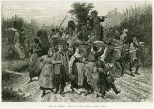 Powrót zbiorów. Grawerowanie autorstwa Lixa, ilustrujące opowiadanie „Przez Alzację i Lotaryngię”, w 1887 r., autorstwa Charlesa Grada, niemieckiego zastępcy, w tour du monde 1888, w reżyserii Edouarda Chartona (1807-1890), Hachette, Paryż. autorstwa Frederic Theodore Lix