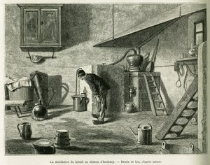 Destylacja kirschu na zamku Isenburg. Grawerowanie autorstwa Lixa, ilustrujące opowiadanie „Przez Alzację i Lotaryngię”, w 1887 r., autorstwa Charlesa Grada, niemieckiego zastępcy, w tour du monde 1888, w reżyserii Edouarda Chartona (1807-1890), Hachette, 