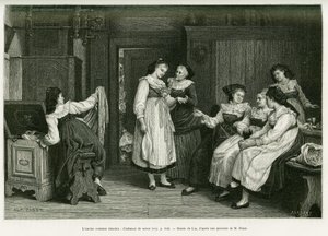 Stary strój alzacki. Grawerowanie autorstwa Lixa, po obrazie Present de Noces autorstwa Pabsta, aby zilustrować historię A Through Alsace and Lorraine, autorstwa Charlesa Grada, niemieckiego zastępcy, w 1885, w tour du monde 1887, pod kierunkiem Edouarda C