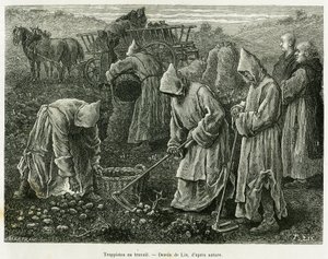Trapiści w pracy. Grawerowanie autorstwa Lixa ilustrujące historię A travers l