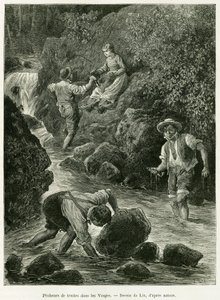 Rybacy pstrąga w Wogezach. Grawerowanie autorstwa Lixa, ilustrujące opowiadanie A Through Alsace and Lorraine, autorstwa Charlesa Grada, niemieckiego zastępcy, w 1885 roku, w tour du monde 1887, pod kierunkiem Edouarda Chartona (1807-1890), Hachette, Paryż