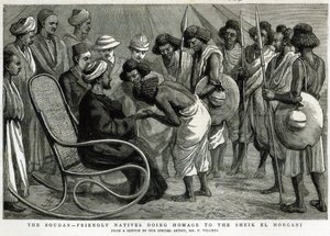 Soudan: Przyjaźni tubylcy oddający hołd szejkowi el Morgani, z „Grafiki”, 19 kwietnia 1884 (rycina) autorstwa Frederic Villiers