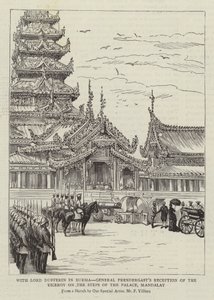 Z lordem Dufferinem w Birmie, przyjęcie wicekróla przez generała Prendergasta na schodach pałacu, Mandalay autorstwa Frederic Villiers