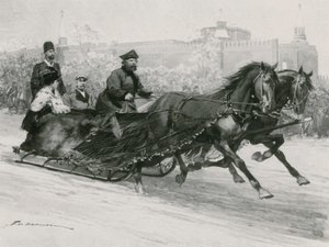 Sanie z niebieską jedwabną siatką, aby śnieg nie zalał okupantów, Kreml w tle autorstwa Frederic de Haenen