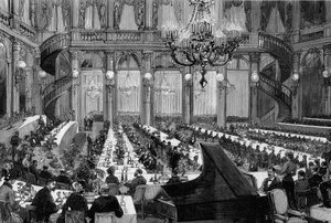 Koncert obiadowy w świątecznej sali Grand Hotel de Paris. Grawerowanie autorstwa De Haenen w „” The Illustrous World”” nr 1250 z dnia 12 marca 1881 r. autorstwa Frederic de Haenen