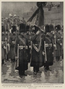Boże chroń Króla, Lord Roberts salutujący do hymnu narodowego po proklamacji w Pałacu św. autorstwa Frederic de Haenen