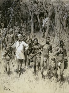 „Jak handluje biały człowiek w Kongo: sprowadzanie gumy i zakładników” (monochromatyczne przemycia na karcie) autorstwa Frederic de Haenen