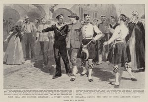 John Bull i brat Jonathan, scena uliczna na Gibraltarze podczas wizyty niektórych amerykańskich żołnierzy autorstwa Frederic de Haenen