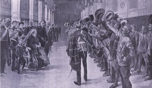 Królowa Wiktoria podczas inspekcji inwalidów kolonistów w St Georges Hall w Windsorze, ilustracja z filmu After Pretoria: The Guerilla War, 1902 autorstwa Frederic de Haenen