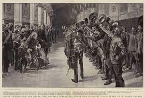 Trzy wiwaty dla królowej, Jej Wysokość inspekcjonuje zdekompletowanych ochotników kolonialnych na zamku Windsor