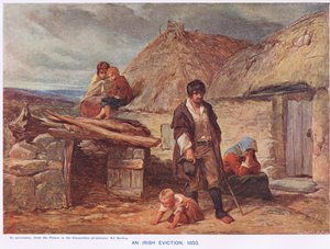 Irlandzka eksmisja, ilustracja z „Ilustrowanej historii Anglii” Cassella, opublikowana ok. 1910 r. (litografia kolorowa)