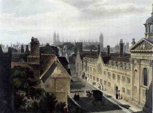 Na zewnątrz Pembroke College, z okna Peterhouse, Cambridge, z „Historii Cambridge”, ryty przez Josepha Constantine