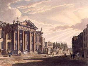 Na zewnątrz drukarni Clarendon, ilustracja z „Historii Oksfordu”, sztychowana przez Josepha Constantine