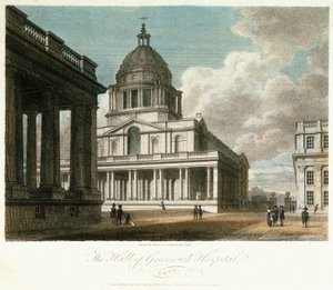 Widok szpitala w Greenwich (Kent, Anglia), opis kopuły i północno-wschodniego narożnika dworu króla Wilhelma (Williama), z namalowaną północną fasadą hali i częścią dziedzińca i kaplicy królowej Marii autorstwa Frederick (after) Nash