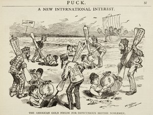 Karykatura przedstawiająca „Amerykańskie pola złota dla nieuczciwych brytyjskich szlachciców”, 1880 r.