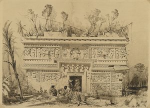 Las Monjas, Chichen Itza, Jukatan, 1843 (atrament w kolorze sepii i pranie na papierze tkanym) autorstwa Frederick Catherwood