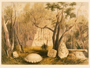 Budynek piramidy i fragment rzeźby w Copan, ilustracja z „Incydentów podróży w Ameryce Środkowej, Chiapas i Jukatanie” autorstwa Johna Lloyda Stephensa, 1844