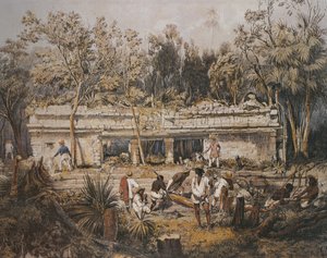 Archeolodzy Frederick Catherwood i John Lloyd Stephens mierzą świątynię w Tulum na Jukatanie w Meksyku, ilustracja z „Widoków starożytnych zabytków w Ameryce Środkowej, Chiapas i Jukatanie”,