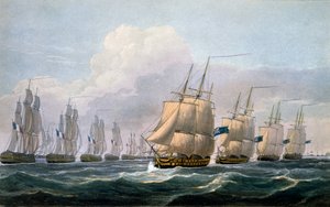 Kpt. Beresford w HMS Theseus na czele swojej eskadry okrętów z "The Naval Chronology of Great Britain", J. Ralfe, 1820 r.