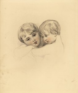 Portret dzieci z Calmeady w uścisku. Ręcznie barwiony grawer autorstwa Fredericka Christiana Lewisa według ilustracji Sir Thomasa Lawrence