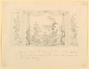 Rysunek, Pawilon Królewski, Brighton, Niebieski (południowy) salon, proponowana dekoracja ścienna, ok. 1820 r. autorstwa Frederick Crace
