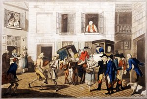 Inn Yard w Calais, wyd. William Holland, Londyn, 1790 (akwatinta ręcznie kolorowana) autorstwa Frederick George Byron