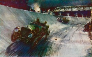 W 1907 roku S F Edge, jeżdżąc jednoosobowo Napier, zdołał utrzymać prędkość 60 mil na godzinę przez 24 godziny, pierwszy rekord na nowym torze Brooklands (kolor lito) autorstwa Frederick Gordon (after) Crosby