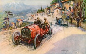 Mistrz Włoch, Felice Nazzaro i Fiat, który wygrał Targa Florio 1907, kombinacja, która wcześniej wygrała Grand Prix i Kaiserpreis (kolor litho)