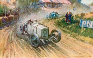 Lautenschlager z niemieckim Mercedesem i Boillot z francuskim Peugeotem w wielkiej walce podczas Grand Prix 1914 (kolor lito)
