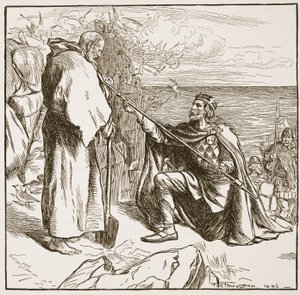 Egfrid błagający św. Cuthberta, ilustracja z „Kościoła anglikańskiego: historia dla ludu” autorstwa H.D.M. Spence-Jones, wyd. ok. 1910 (zdjęcie w sepii) autorstwa Frederick Henry Townsend
