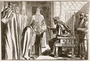 Inwestytura saskiego biskupa, ilustracja z „Kościoła anglikańskiego: historia dla ludu” autorstwa H.D.M. Spence-Jones, wyd. ok. 1910 (zdjęcie w sepii)