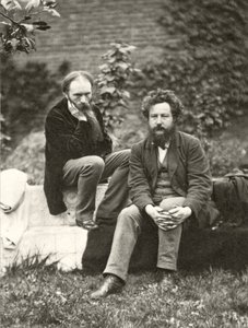 Fotografia portretowa Sir Edwarda Burne-Jonesa (1833-98) i Williama Morrisa (1834-96) autorstwa Fredericka Hollyera (1837-1933) (zdjęcie w sepii)
