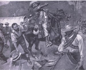 Burskie traktowanie wysłanników pokoju: chłosta Margendaal, z książki After Pretoria: The Guerilla War wydanej przez Harmsworth Bros Limited, 1901 autorstwa Frederick Judd Waugh