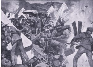 Burowie plądrują brytyjski obóz w Nooitgedacht pod ostrzałem artyleryjskim, z książki After Pretoria: The Guerilla War wydanej przez Harmsworth Bros Limited, 1901