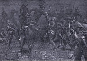 Major Boole-Smith walczy z De Wet z After Pretoria: The Guerilla War wydanego przez Harmsworth Bros Limited, 1901 autorstwa Frederick Judd Waugh